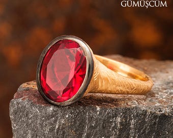 Ruby Ring, Ruby Silver Ring. Gold Plated Silver Ruby Ring. 925 Sterling Silver Oval Gemstone Ring. 24K Gold Plated Woman Ruby Silver Ring.