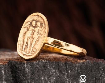 Roman Coin Ring, Ancient Angel Silver Ring, Ancient Roman Coin Ring. 925 Sterling Signet Silver Ring. 24K Gold Plated Ancient Silver Ring.