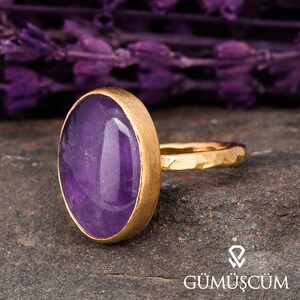 Amethyst Ring, Amethyst Silver Ring. Gold Plated Silver Amethyst Ring. 925 Sterling Silver Gemstone Ring. 24K Gold Plated Woman Silver Ring.
