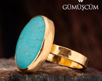 Turquoise Ring, Turquoise Silver Ring, 925 Sterling Silver Gemstone Ring. 24K Gold Plated Woman Silver Ring. Gold Plated Silver Blue Ring