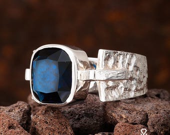 Square Sapphire Ring, Woman Sapphire Silver Ring, Sapphire Gemstone Silver Ring, Sapphire Sterling Silver Ring, Blue Gemstone Ring.