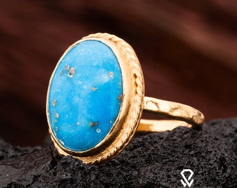 Bague Turquoise, Bague Argent Turquoise, Bague En Pierre Gemstone En Argent Sterling 925. Bague en argent femme plaquée or 24K. Bague Bleu Argent Plaqué Or