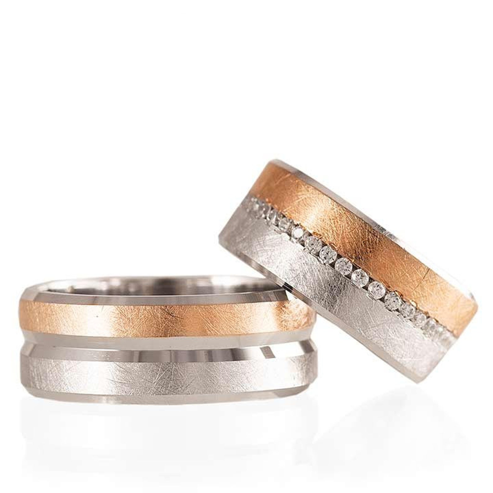 Rose Gold Silver Wedding Rings Set His and Hers Couples Etsy