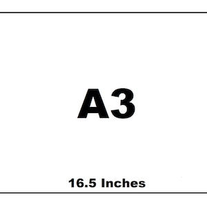 May include: A white rectangular sheet with the text "A3" in bold black font. The dimensions are labeled as 11.7 inches by 16.5 inches.