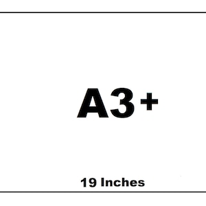 May include: A white rectangular image with the text "A3+" in bold black font. The image is 19 inches wide and 12.9 inches tall. The dimensions are labeled in black text on the left and bottom edges of the image.