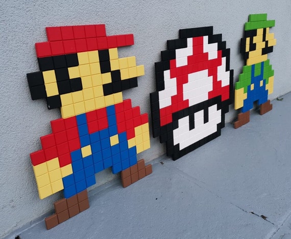 Retro Nintendo Nes 8bit Wood Wall Art Mario - Luigi - Mushroom