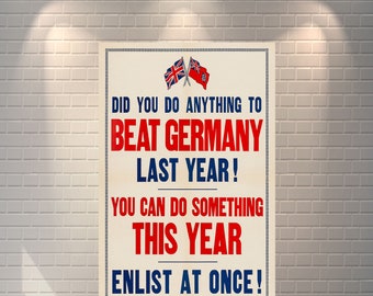 Enlist At Once, Reproduction Vintage A3/A4 Classic British WW1 Propaganda Poster - World War One Poster