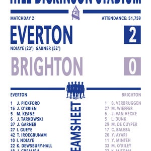 May include: A matchday teamsheet for a Premier League soccer game between Everton and Brighton, played at Hill Dickinson Stadium on August 24, 2025. Everton won 2-0. The attendance was 51,759.