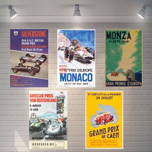 Colección de pósteres clásicos de Grandes Premios de F1 - Arte mural de alta calidad A4 / A3 / A3+ - Fórmula 1 - Silverstone - Mónaco - Monza