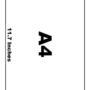 May include: A white sheet of paper with the text "A4" and the dimensions "8.25 Inches" by "11.7 Inches" printed on it.