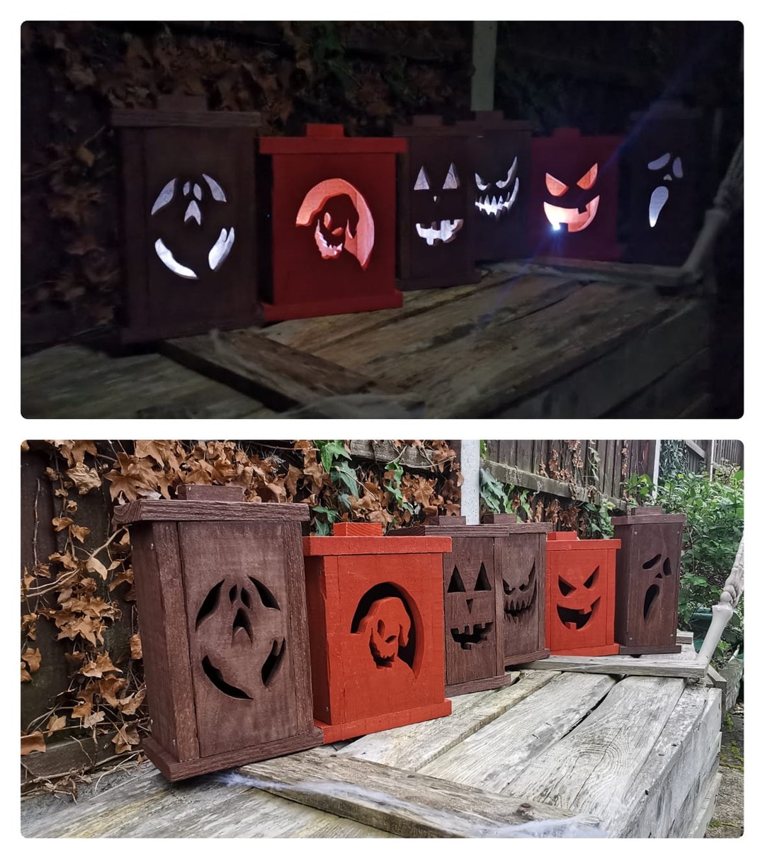 Rustic Handmade Wooden Halloween Jack-o'-lantern - Pumpkin Lantern ...