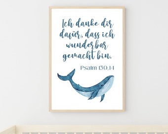 Bibelvers Poster "wunderbar gemacht" | Kinderposter christlich | christliche Geschenkidee | Poster Wal | Psalm 139,14 | DIN A6,A5,A4,A3