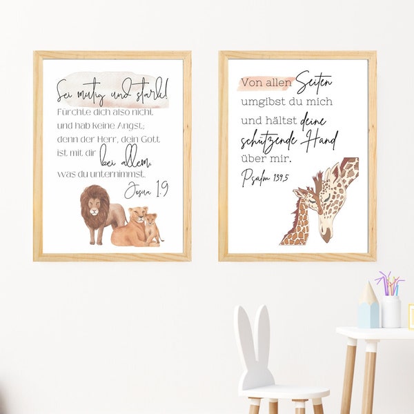 Christliches Kinderposter Set „Giraffe & Löwe" | christliche Geschenkidee | "sei mutig und stark“ | „von allen Seiten“ | DIN A6,A5,A4,A3