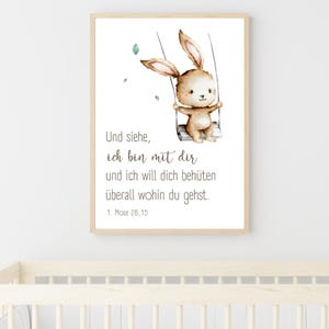 Bibelvers Poster "Ich bin mit dir" | Kinderposter christlich | christliche Geschenkidee | Poster Hase | 1. Mose 28,15 | DIN A6,A5,A4,A3