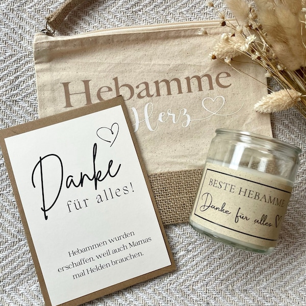 Hebammen Geschenkset „beste Hebamme“ | Geschenkidee Hebamme | Danke für alles | Hebamme mit Herz | Kerze im Glas | Jute Täschchen