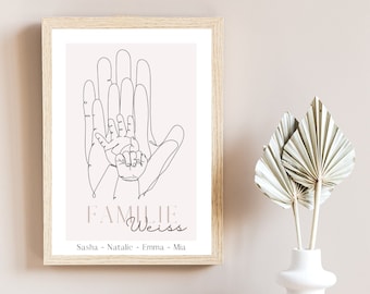 Poster "Familie" mit Namen | Poster mit Hände line art | personalisierte Geschenkidee | DIN A6,A5,A4,A3