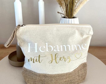 Kosmetiktasche Jute Täschchen „Hebamme mit Herz“ Geschenk für Hebamme Danke Karte