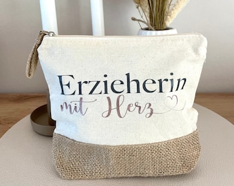 Kosmetiktasche Jute Täschchen „Erzieherin mit Herz“ Geschenk für Erzieherin