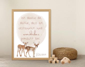 Bible Verse Poster "Forest Animals" Psalm 139:14 | Christian Children's Poster | Christian Poster for Children | Beautifully Created | DIN A6, A5, A4, A3