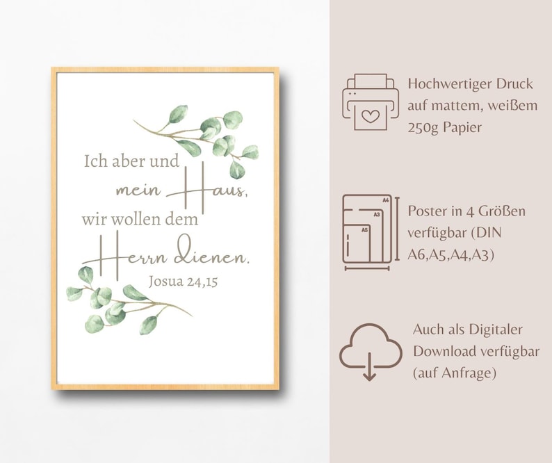 May include: A framed print with the text "Ich aber und mein Haus, wir wollen dem Herrn dienen. Josua 24,15" in a script font. The print is decorated with watercolor eucalyptus branches. The frame is a light wood color.