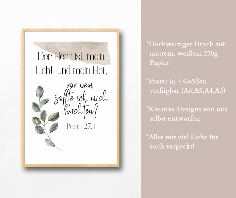 Bible verse poster my light and my salvation Christian gift idea Psalm 27:1 DIN A6,A5,A4,A3 image 2