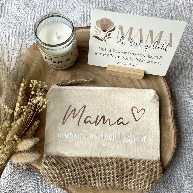 Geschenkset Mama zum Muttertag Geschenkidee Mama christlich Mama Danke Jutetasche Kerze in Glasvase Karte Mama Geschenk für Mama Rosa