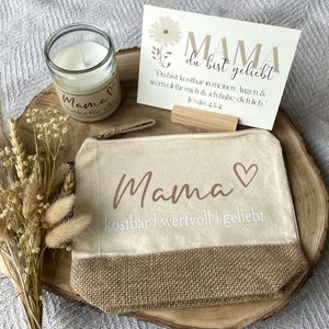 Geschenkset Mama zum Muttertag Geschenkidee Mama christlich Mama Danke Jutetasche Kerze in Glasvase Karte Mama Geschenk für Mama Braun