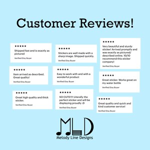 Puede incluir: Una colecci&oacute;n de rese&ntilde;as de clientes para pegatinas de Melody Line Designs. Las rese&ntilde;as destacan la calidad, la rapidez de env&iacute;o y la satisfacci&oacute;n general con los productos.