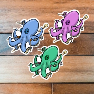 May include: Three colorful octopus illustrations with musical instruments. The octopus on the left is blue, the octopus in the middle is green, and the octopus on the right is purple.