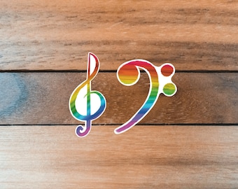 Rainbow Clef Stickers, Treble Clef, Bass Clef, Band Orchestra Choir Sticker, Gift for Musician