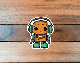 Pegatina de robot con auriculares, pegatina musical, robot adorable, regalo para amantes de la música