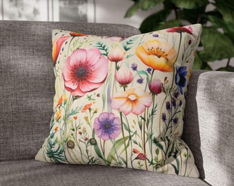 Capa de almofada com estampa de flores silvestres em aquarela: Almofada de camurça sintética Cottagecore
