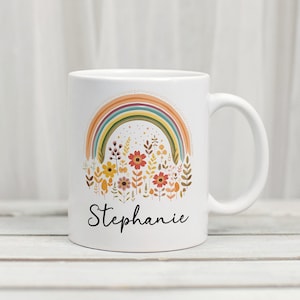 Boho Rainbow Dried Flowers Mug  Customized Gift for Mom  Personalized Coffee Mug Boho Custom Gift For Mother&#39;s Day