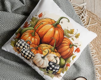 Pumpkin Pillow Cover Cottagecore Fall Decor Checkered Farmhouse Throw Pillow