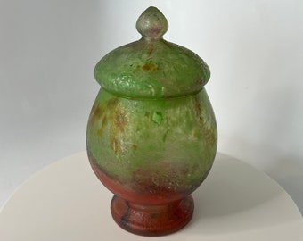 1930s BEAUTIFUL ART GLASS Lidded Vessel with Hand-Made Chipped Ice exterior