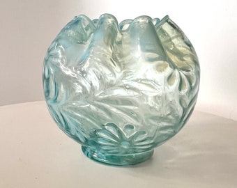 1950s Blue Opalescent Rose Bowl with Fern and Daisy Pattern