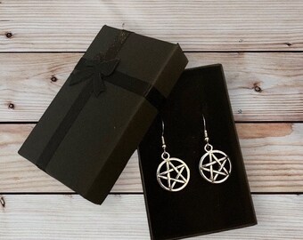 Pentagram Antique Silver earrings, hypoallergenic sterling silver