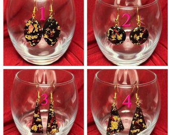 Handmade rose petal and gold with a black background gold plated nickel free anti-allergy earrings