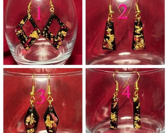 Handmade rose petal and gold with a black background gold plated nickel free anti-allergy earrings