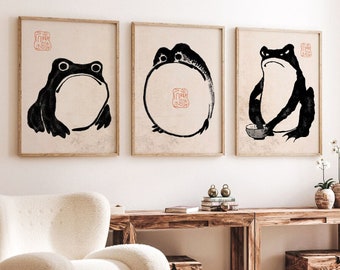 Matsumoto Hoji Frogs, Conjunto de 3 grabados, Vintage Frog Wall Art Prints, Cartel de madera, Decoración de pared asiática, Conjunto de pared de galería, Impresiones digitales