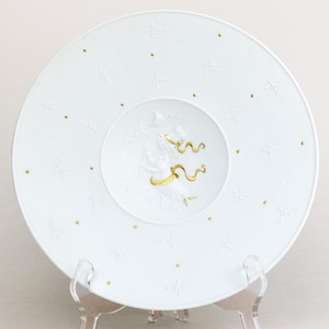 Vintage Rosenthal Decorative Bisque Porcelain Plate, Bjorn Wiinblad, Gold Gilt, Figure with Net and Raised Dragonfly Design