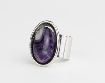 Vintage Anette Borke Modernist Silver Plated Statement Cocktail Ring with Oval Polished Amethyst, Mid Century Danish