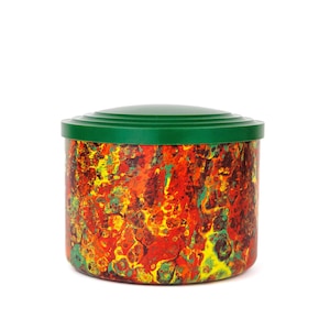Vintage Art Deco Bakelite & Early Plastic Multicoloured Cylindrical Trinket, Jewellery Box, with Green Lid