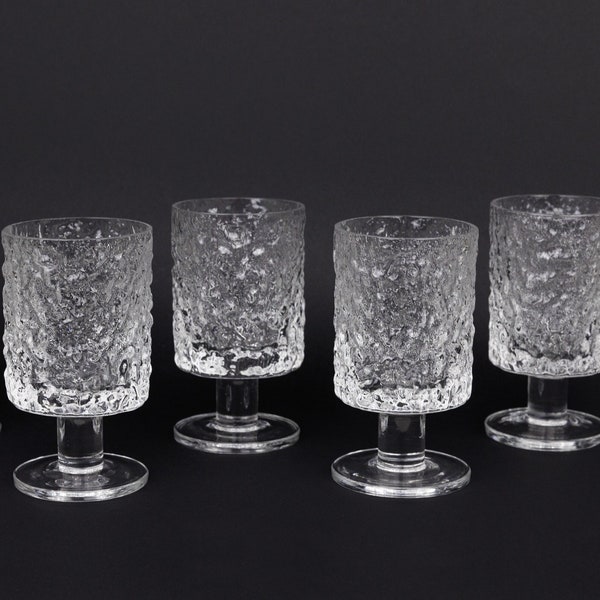 5x Whitefriars Glacier Sherry, Footed Tumbler Glasses, Clear Ice Textured Drinks Glasses, 20th Century Studio Glass MCM Geoffrey Baxter