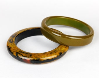 2x Vintage Green Plastic Bangles, Green Brown with Black Marble Effect, Khaki Green Early Plastic, Lucite Bracelets, Retro Mid Century