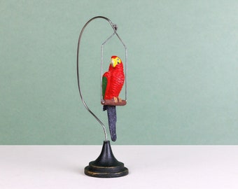 Vintage German Toy Hausser Elastolin Parrot on Perch, Composition Zoo Animals, Mid Century, Painted Figures