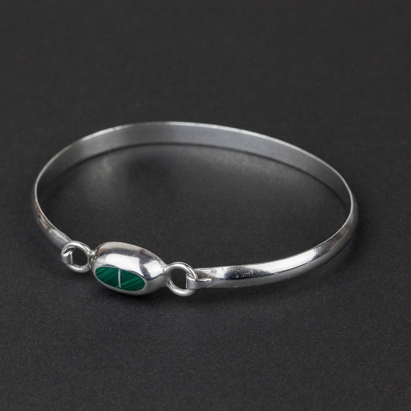Vintage Mexican Silver Bracelet with Malachite Inlay 925, Retro Modernist Bangle
