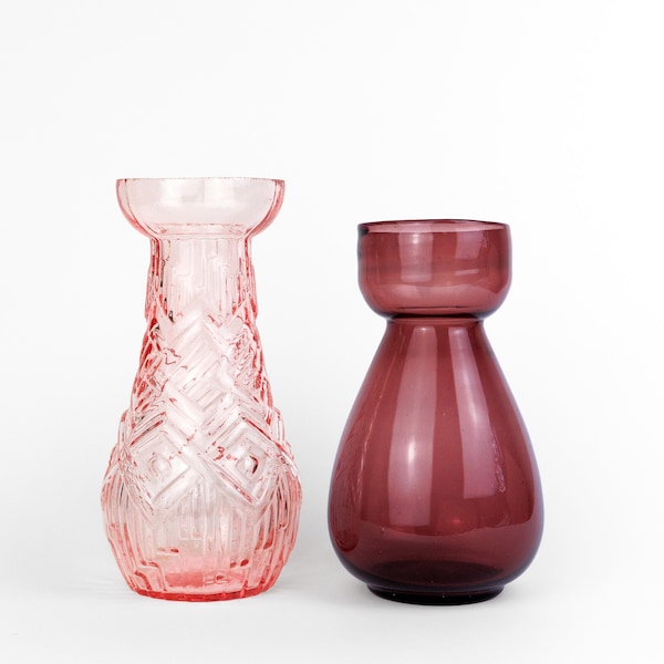 2x Vintage Pink and Purple Glass Bulb Vases, One Early to Mid 20th Century Blown Glass and One Victorian Pressed Glass, Hyacinth Vase