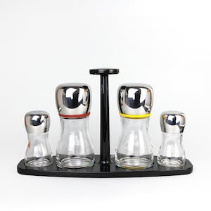 Vintage Retro Alessi Crust Set, by Marc Newson, 2001, Italian, Kitchenware, Salt, Pepper, Condiment, Glass and Stainless Steel