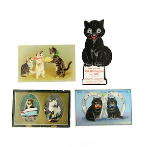 4x Vintage Katzen- und Kätzchen-Themen-Postkarten, farbige britische antike Neuheitskarten, Helena Maguire, Dick Withington-Katze, schwarze Katzenkarte